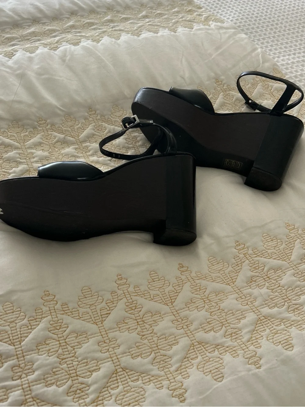 Gucci Black Patent Platform Wedge Sandals with Wood-Look Sole